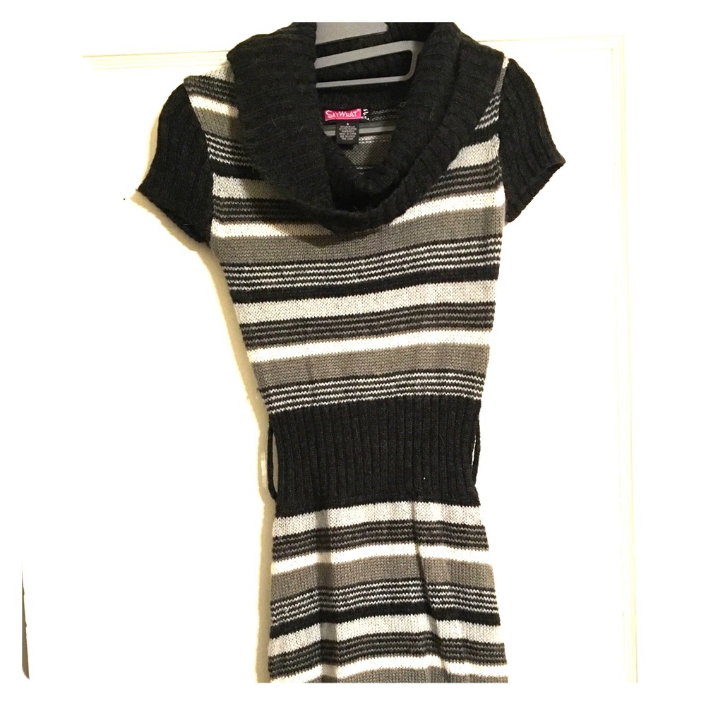 Gray striped, cowl neck sweater dress